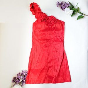Red one sleeve short knee dress with rossettes Medium fancy elegant bridesmaid